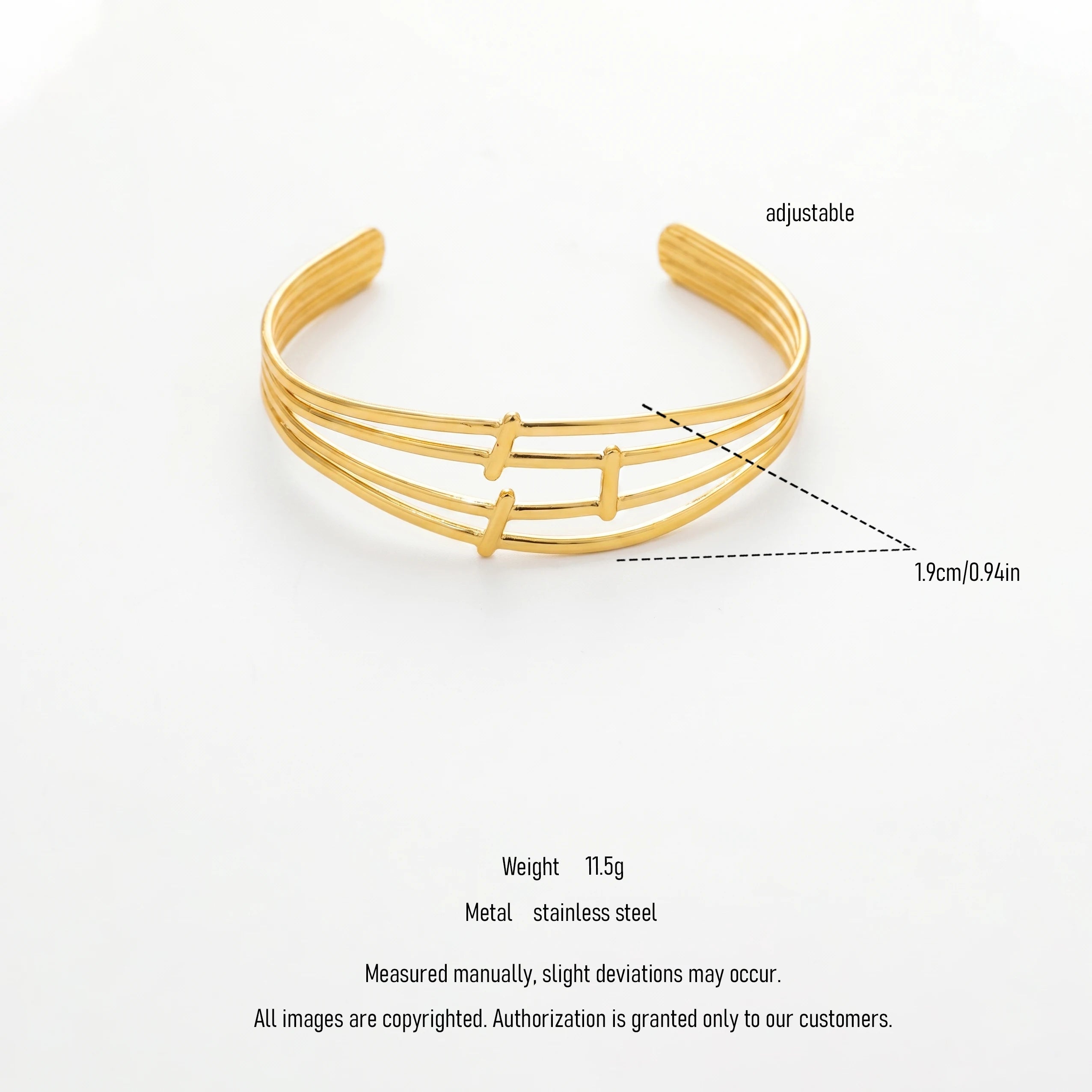 QIAOREN 12672 Sleek Triple Parallel Linked Rod Adjustable Open Cuff Bracelet Tarnish Free Stainless Steel 18K Gold  Line Wrist
