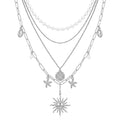 QIAOREN 11532 18K Gold Plated 4 Layer Pearl Cowrie Shell Starfish Sun Pendant Necklace Stainless Steel