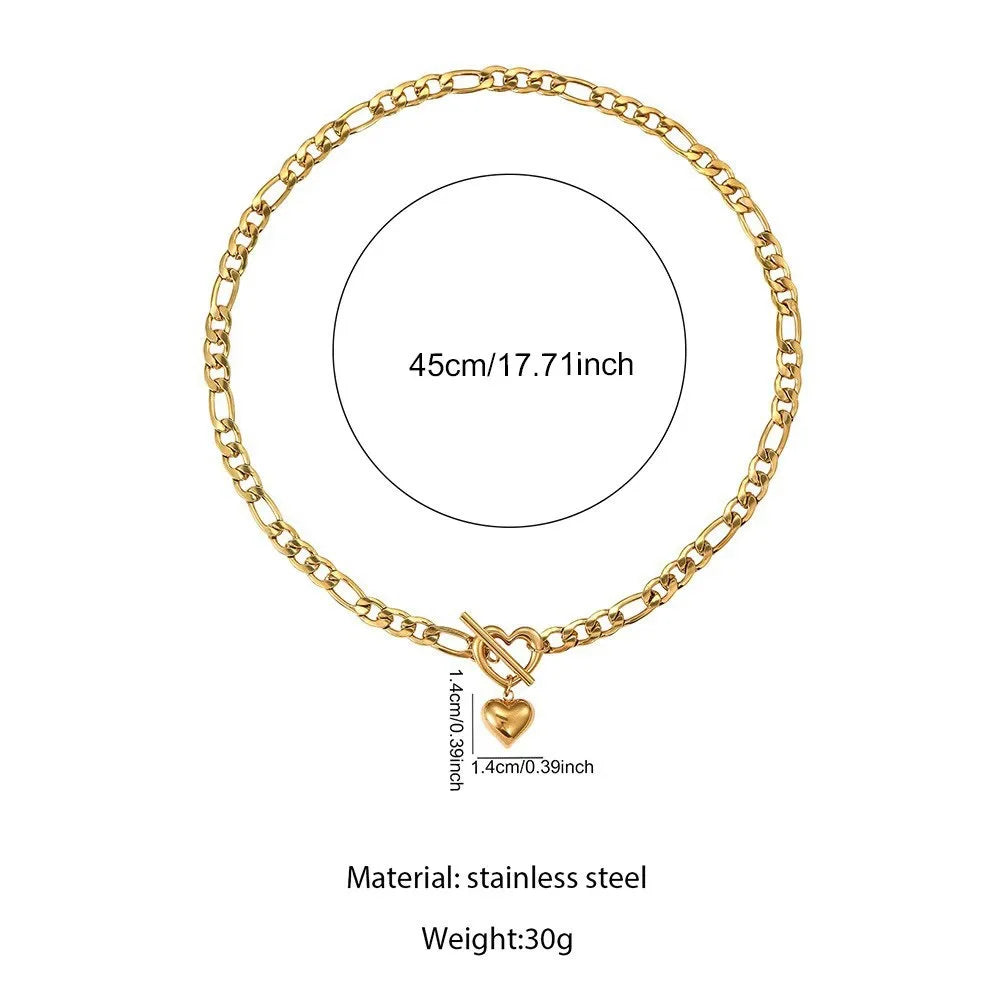 QIAOREN 20261 Figaro Chain Necklace with Heart OT Toggle Clasp, Stainless Steel Hypoallergenic Stackable Fashion Jewelry Gift