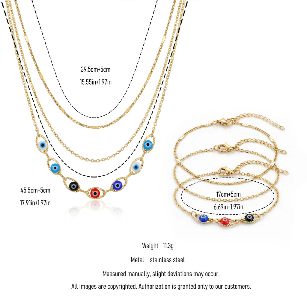 QIAOREN 11647 Boho Colorful Eye Jewelry Set 18K Gold Stainless Steel 3 Layered Necklace Bracelet Beach Vacation