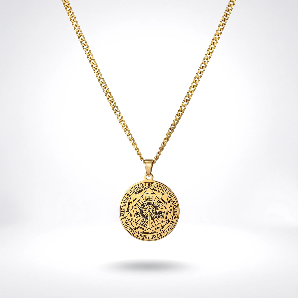 QIAOREN 11757 Anti-Tarnish 18K Gold Plated  Seven Archangel Stainless Steel Christian Solomon Pentagram Necklace