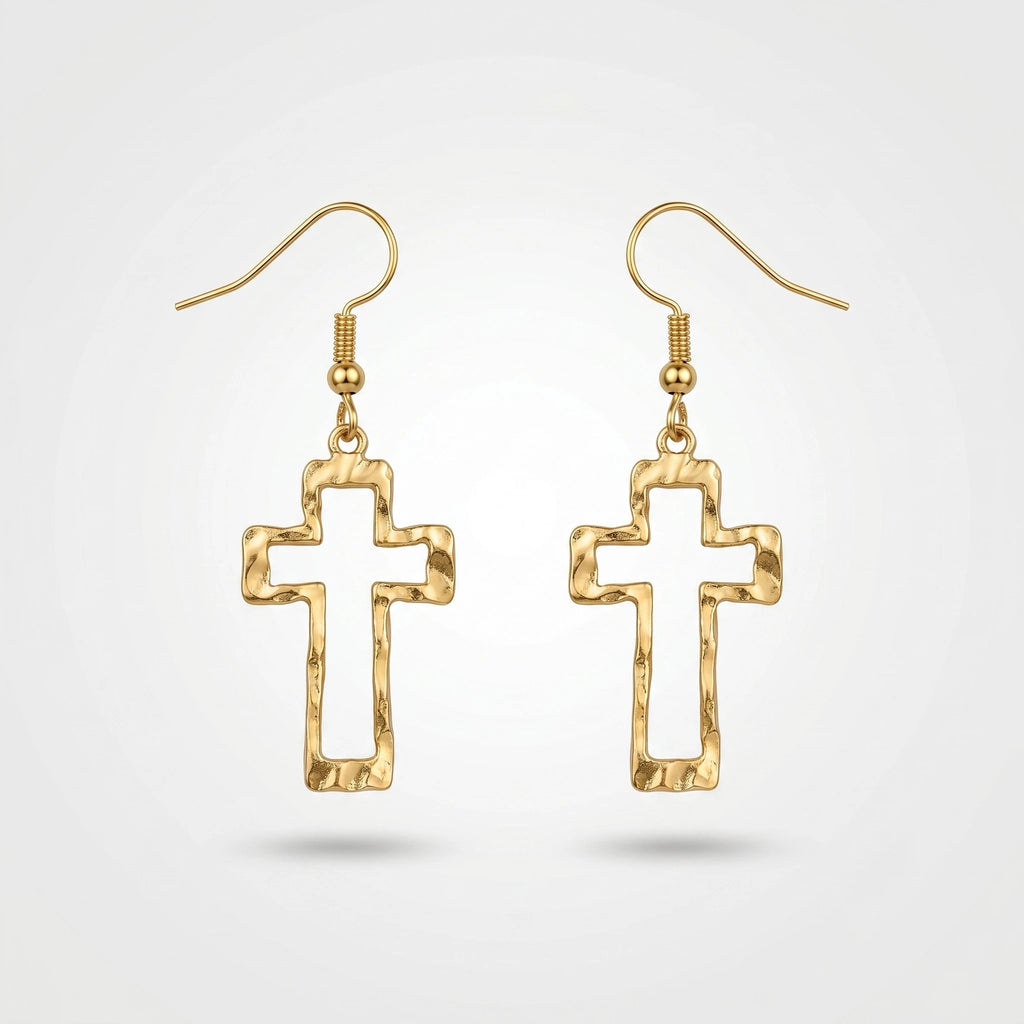 QIAOREN 10584 Hollow Cross Drop Earrings 18K Gold Plated Stainless Steel Waterproof Tarnish Free Trendy Party Religious Jewelry
