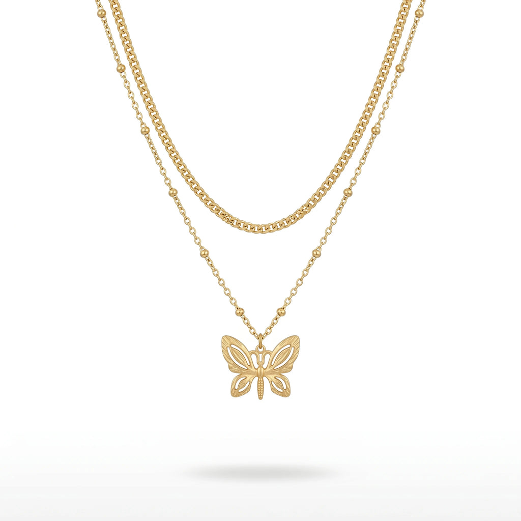 QIAOREN 11638 Waterproof 18K Gold Plated Stainless Steel Trendy Layered Necklace Matte Hollow Butterfly Pendant for Women Gift