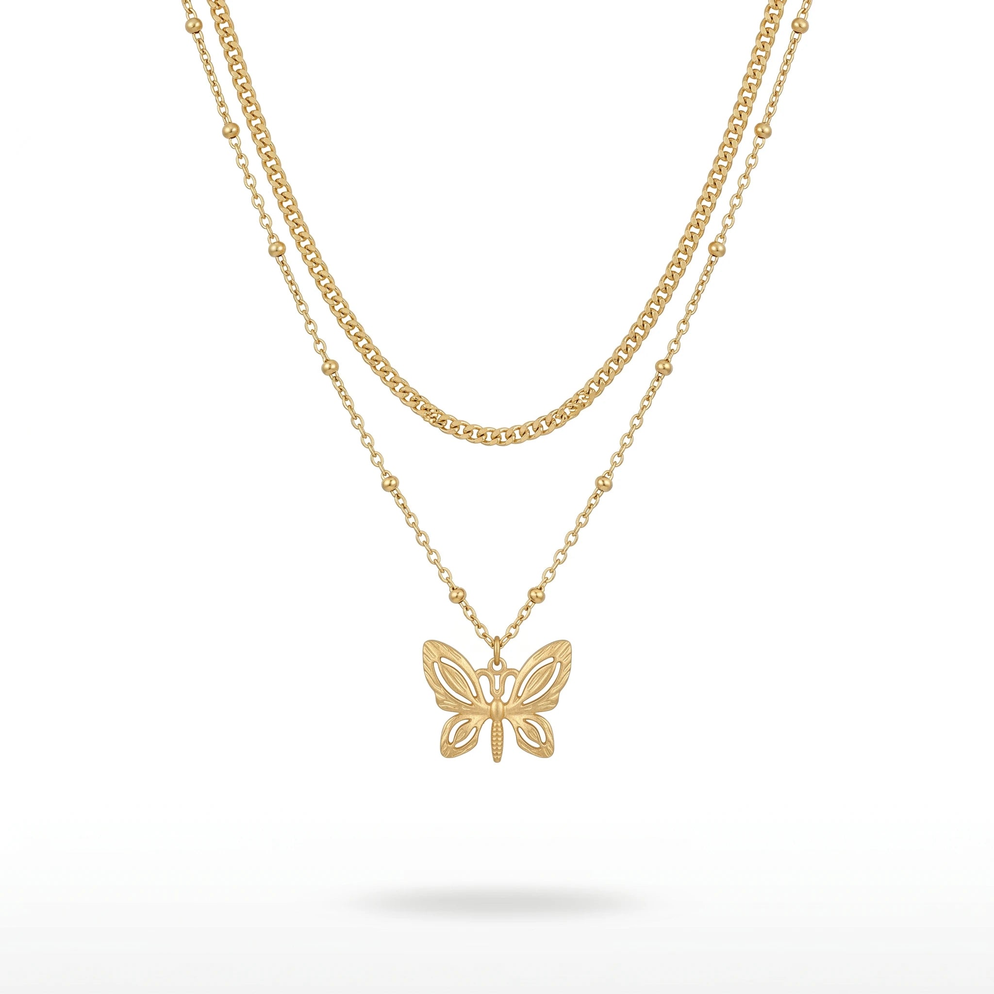 QIAOREN 11638 Waterproof 18K Gold Plated Stainless Steel Trendy Layered Necklace Matte Hollow Butterfly Pendant for Women Gift