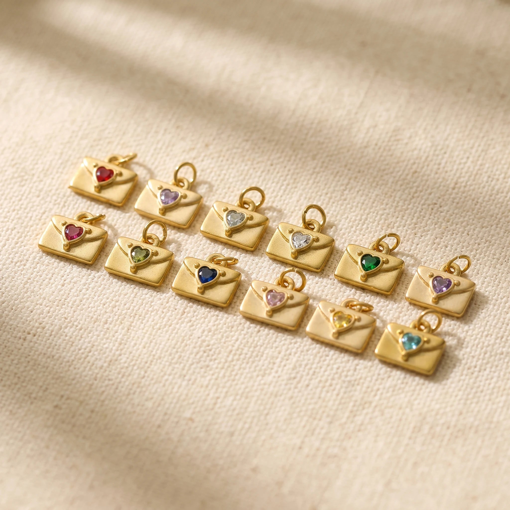 QIAOREN 12437-48   12 Birthstone Envelope Drop Earrings, Gold Plated Stainless Steel Love Letter Studs