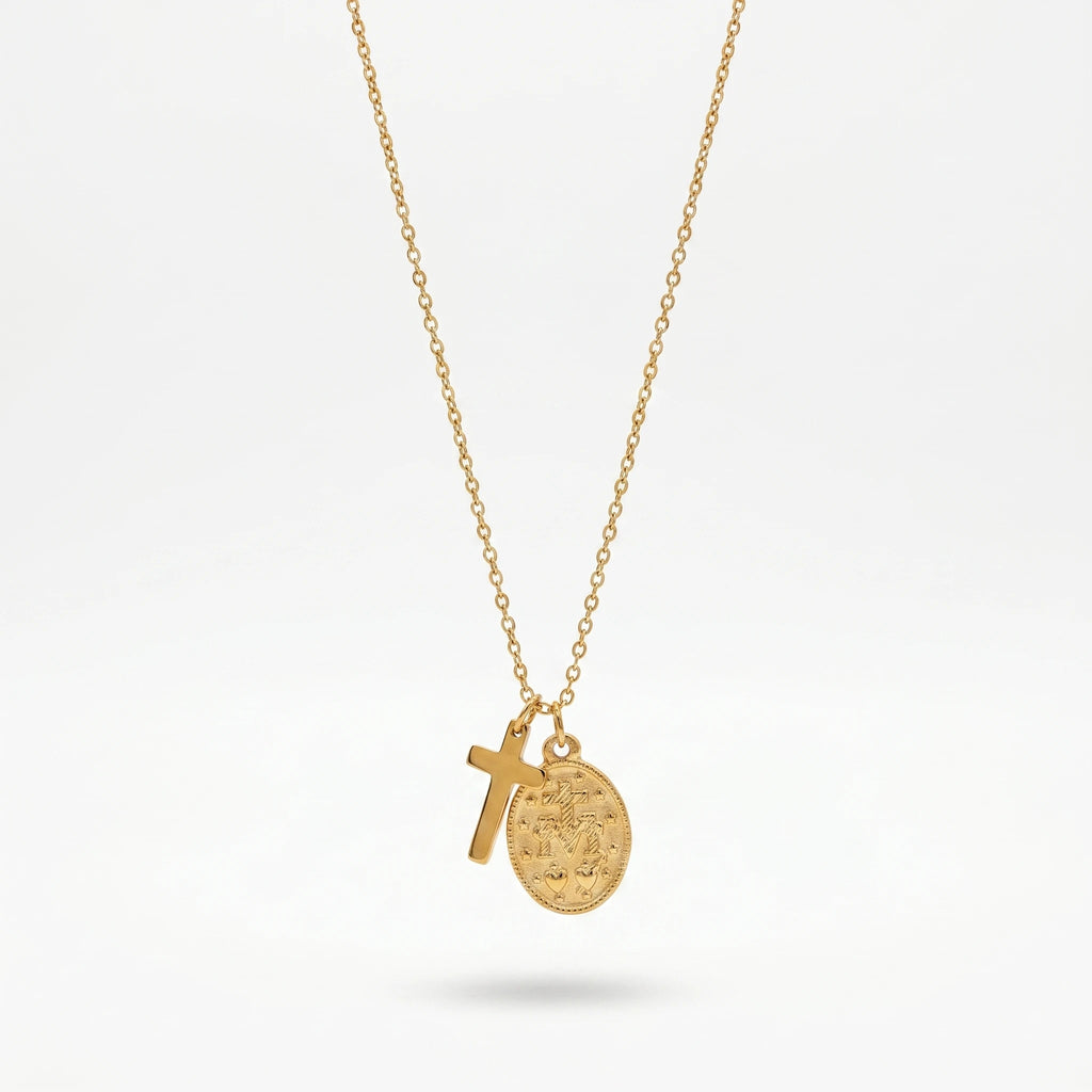 QIAOREN 10547 Hypoallergenic Adjustable for Medal Cross Necklace Gold Plated Stainless Steel Tarnish Free Jewelry for Women