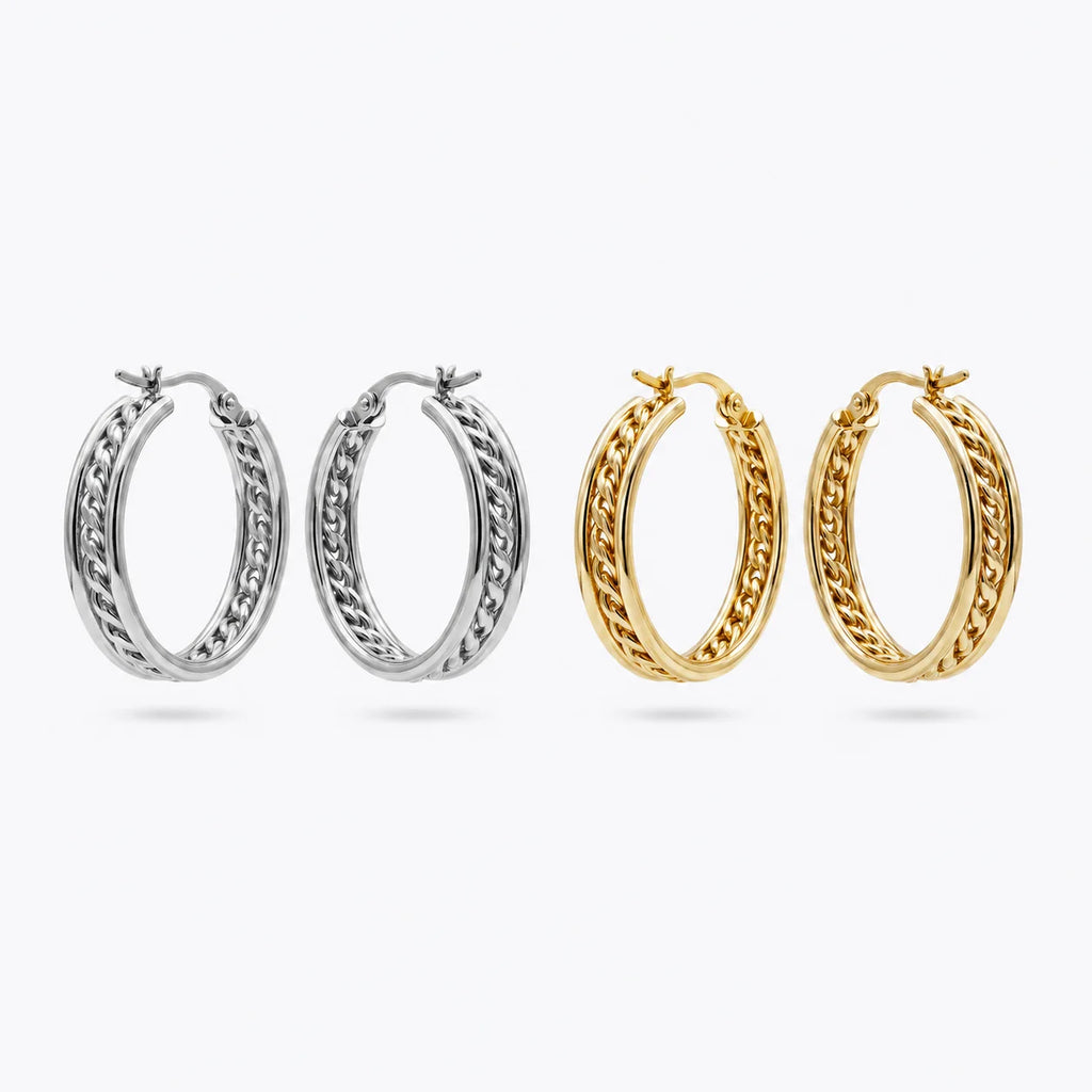 QIAOREN 12385 Chunky Cuban Link Chain Hoop Earrings Gold Stainless Steel Textured Curb Chain Inset Hoops Women US Europe