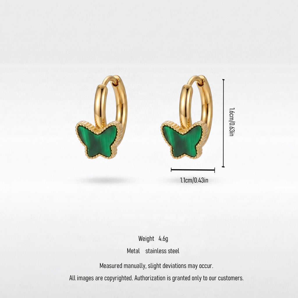 QIAOREN 12158-62 18K Gold Plated Stainless Steel Butterfly  Earrings Multi Color Shell Malachite Hoop Jewelry