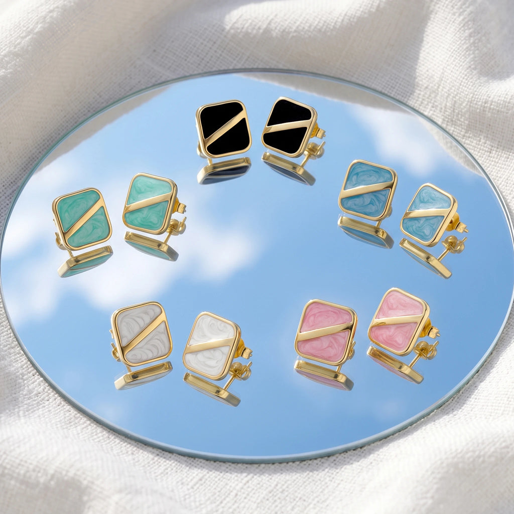 QIAOREN 13642-46 Geometric Square Marble Resin Stud Earring Set, Diagonal Gold Line Gloss Inlay Gold Frame