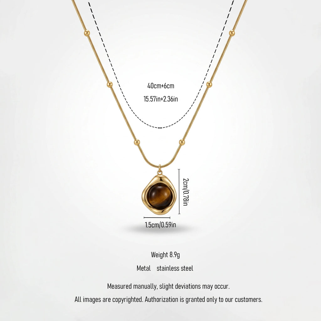 QIAOREN 13472 Vintage Tiger Eye Pendant Necklace with Beaded Snake Chain, Irregular Gold Frame Natural Stone Neck Jewelry Gift