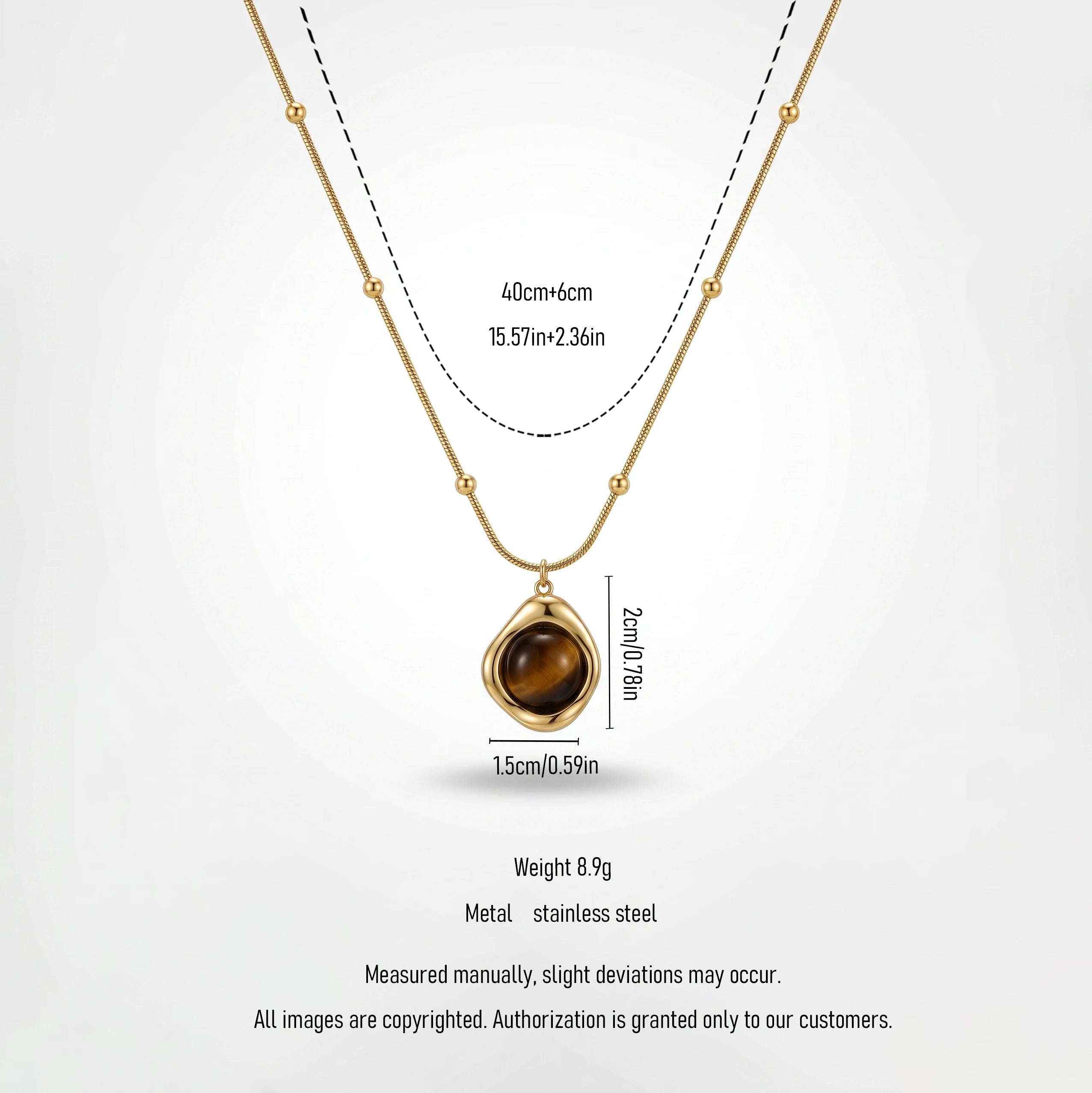 QIAOREN 13472 Vintage Tiger Eye Pendant Necklace with Beaded Snake Chain, Irregular Gold Frame Natural Stone Neck Jewelry Gift