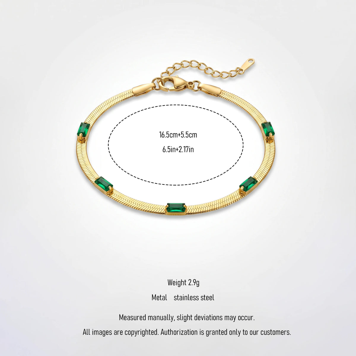 QIAOREN 13296 Gold Plated Stainless Steel Snake Chain Bracelet with Green Baguette Cubic Zirconia Minimalist Jewelry