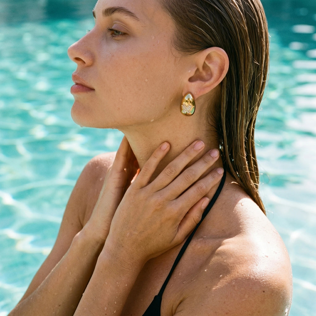 QIAOREN 12260Trendy Chunky Teardrop Earrings Gold Stainless Steel CZ Pave Butterfly Waterdrop Studs Jewelry for Women US EU