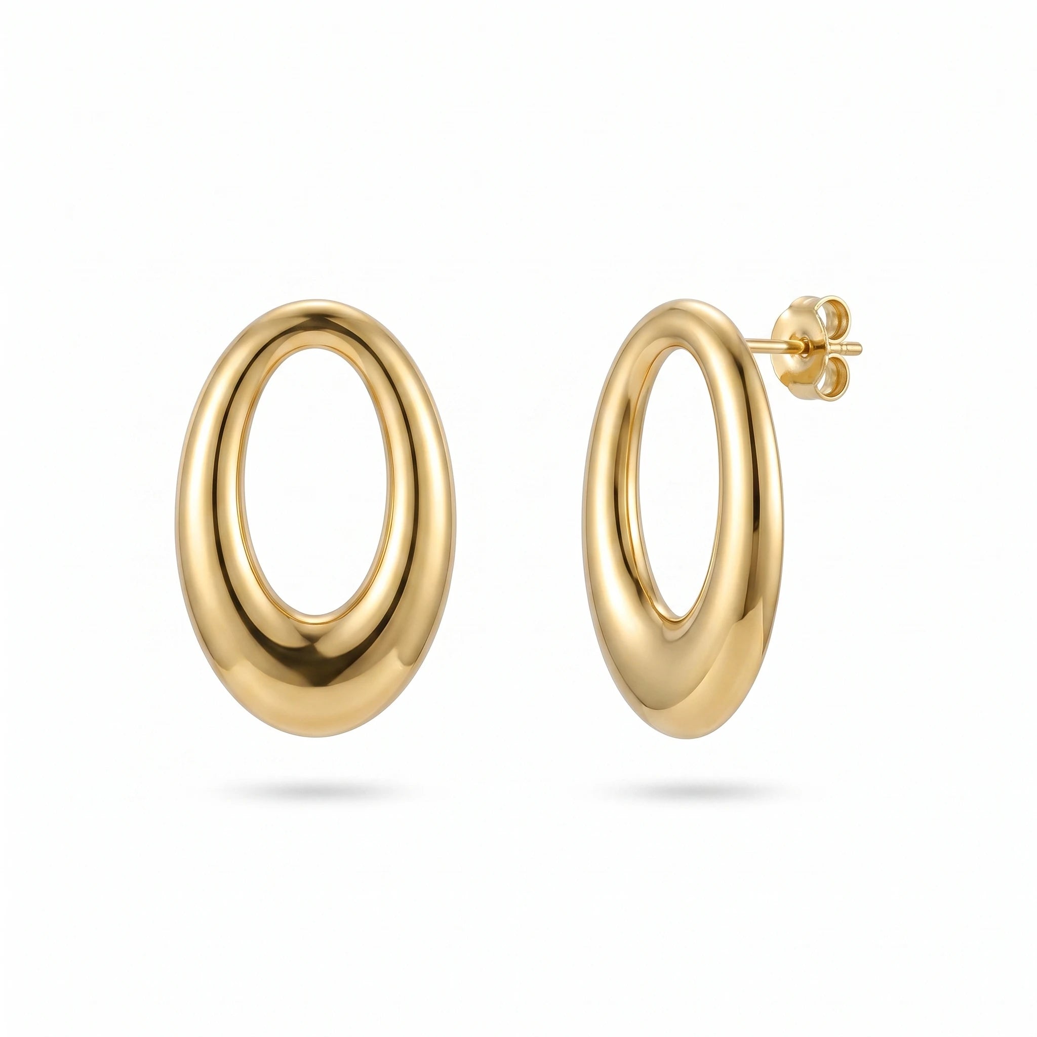 QIAOREN 14055 Polished Gold Chunky Oval Hollow Stud Earrings, Thick Tube Open Oval Hoop Ear Stud Jewelry Gift