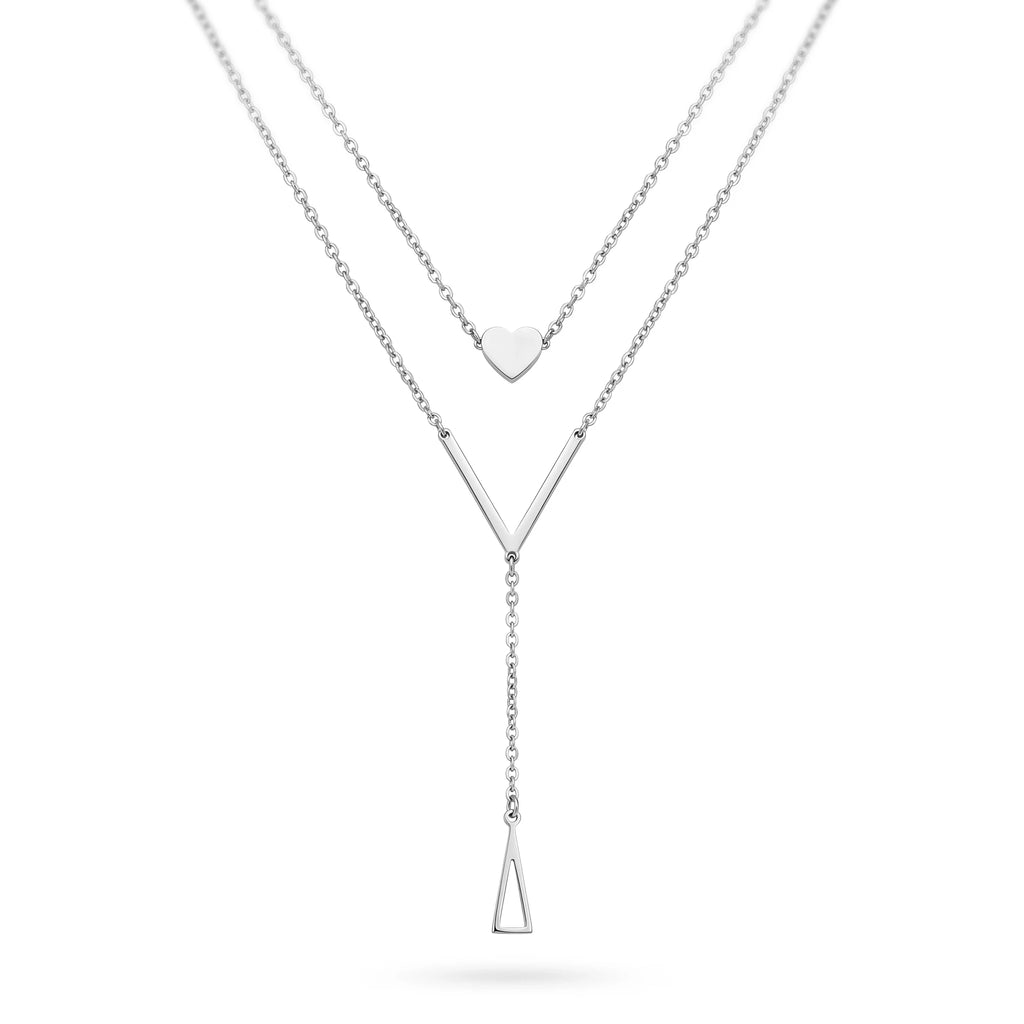 QIAOREN 11257 Dainty Double Layer Heart Triangle Pendant Necklace 18K Gold Plated Stainless Steel Waterproof Jewelry