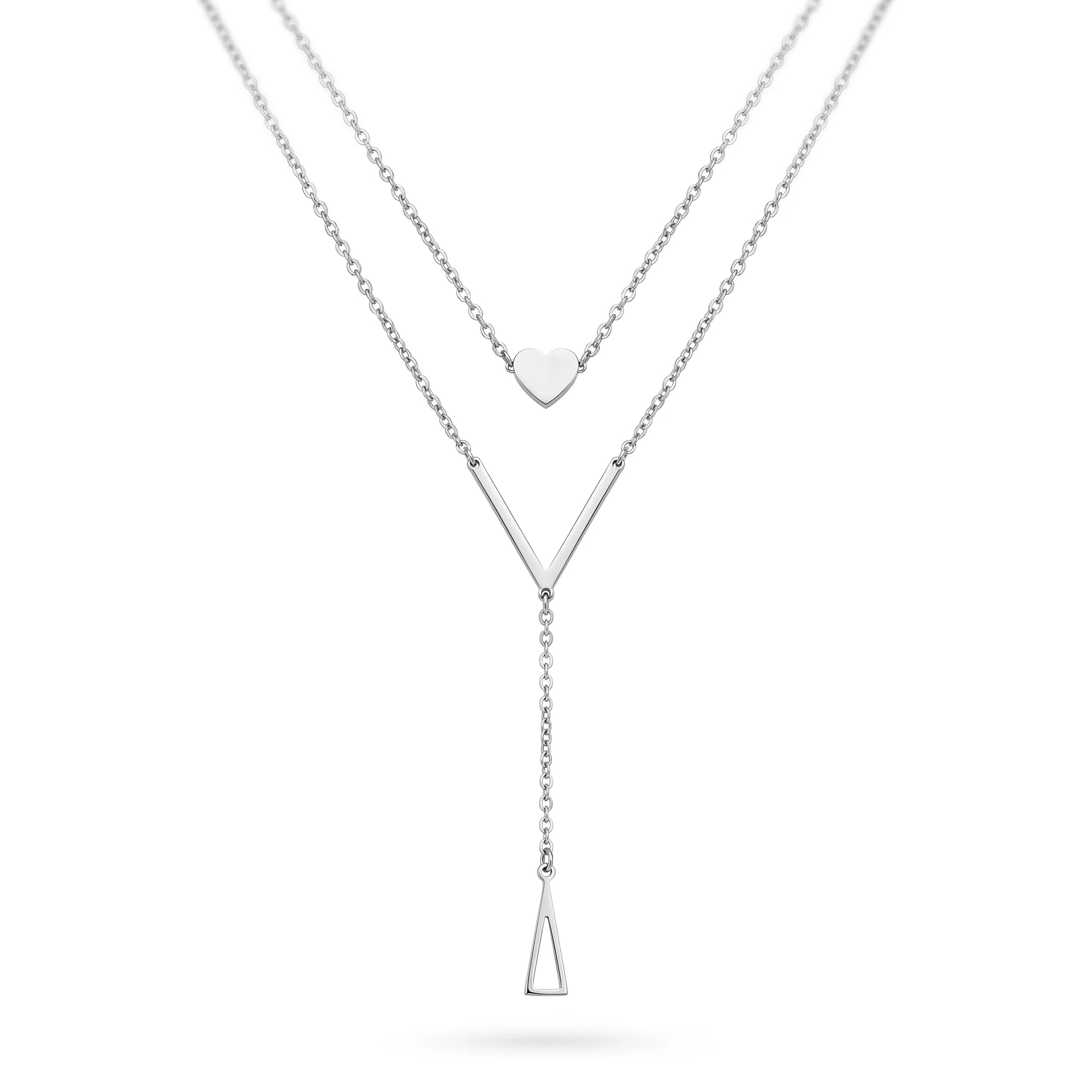 QIAOREN 11257 Dainty Double Layer Heart Triangle Pendant Necklace 18K Gold Plated Stainless Steel Waterproof Jewelry