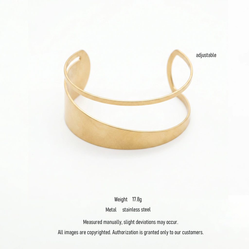 QIAOREN 10895 Asymmetrical Layered Open Cuff Stainless Steel Gold Plated Polished Statement Bangle Hypoallergenic for Women