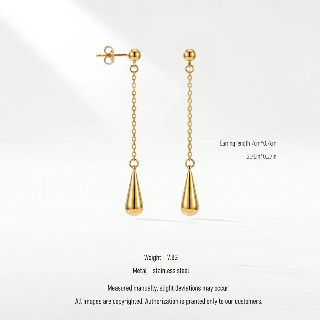QIAOREN 10633 Minimalist Teardrop Stud Earrings Stainless Steel Gold Plated Long Chain for Ladies