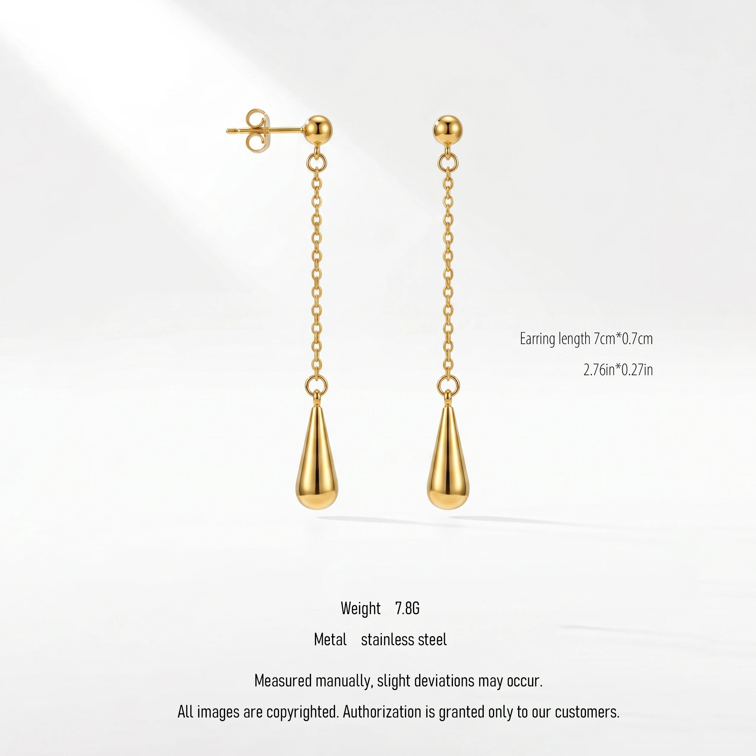 QIAOREN 10633 Minimalist Teardrop Stud Earrings Stainless Steel Gold Plated Long Chain for Ladies