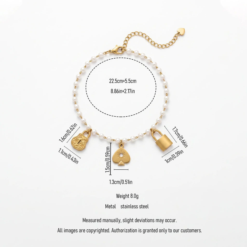 QIAOREN 13316 Pearl Anklet with Lock, Padlock & Sun Spade Charms, Retro Stackable Foot Jewelry Gift for Ladies Daily Casual Wear