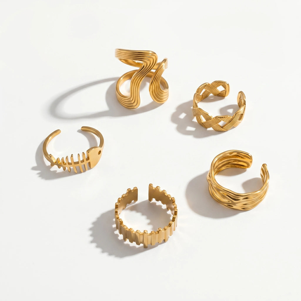 QIAOREN 10711 Stainless Steel Gold Adjustable Open Rings Multi Design Wave Fish Bone Braided Stack Finger Jewelry for Women