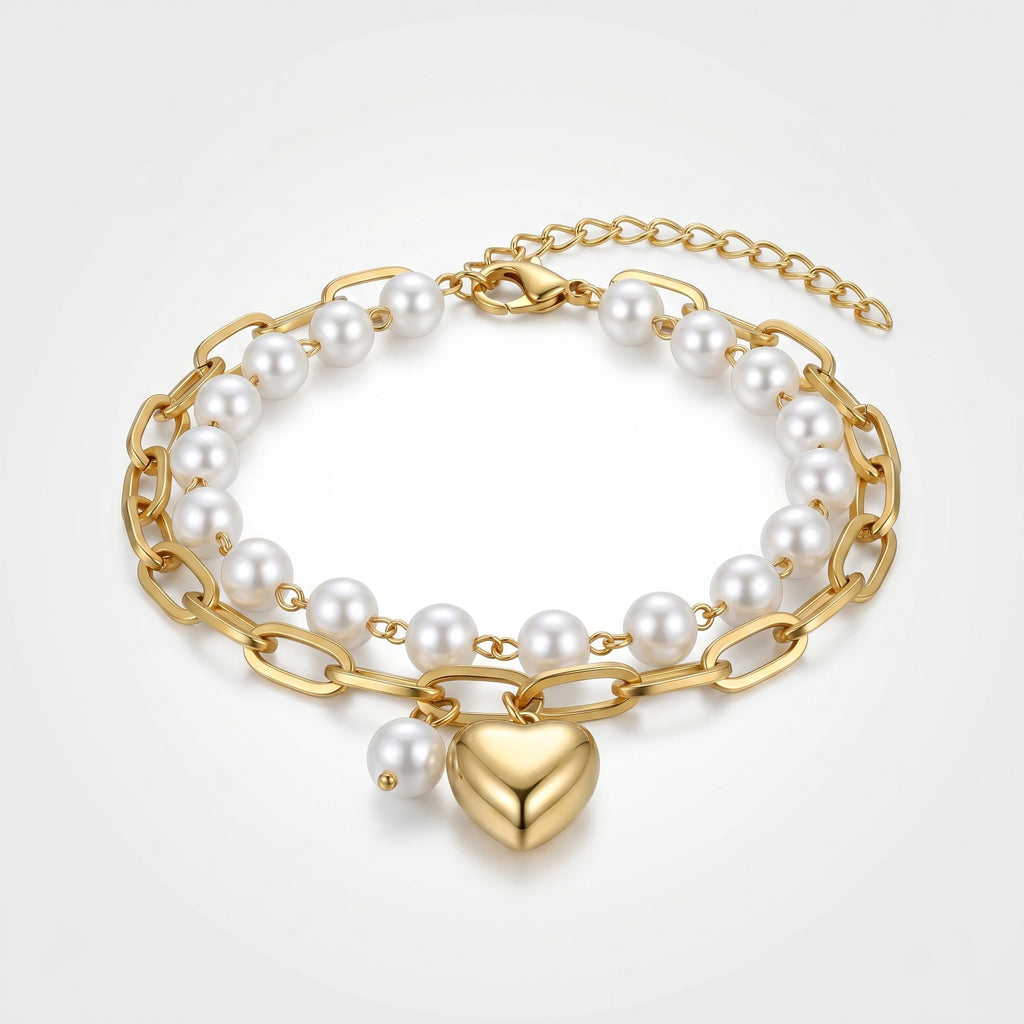 QIAOREN 11422 Waterproof 18K Gold Plated Pearl & Heart Bracelet Stainless Steel Summer Pool Beach Jewelry