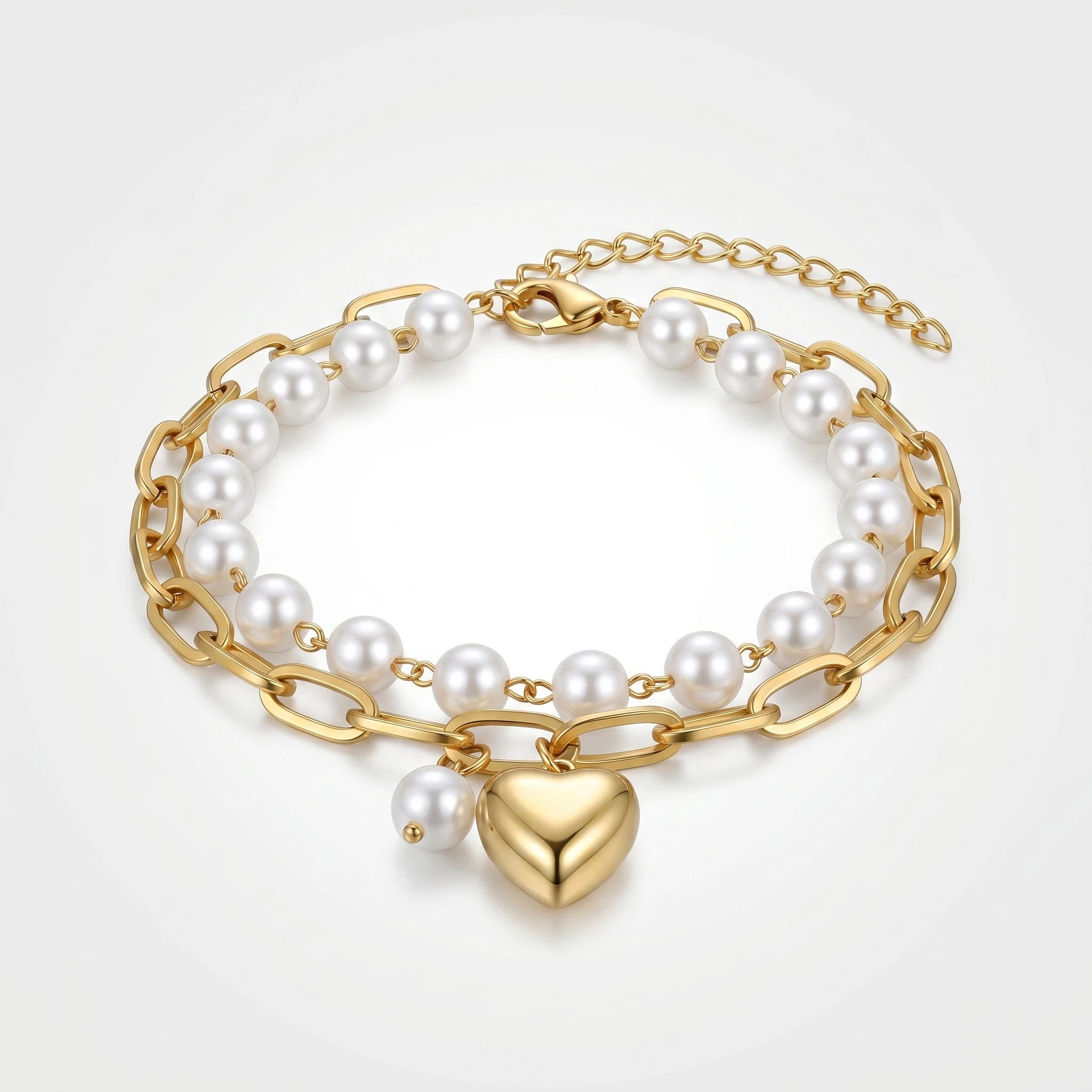 QIAOREN 11422 Waterproof 18K Gold Plated Pearl & Heart Bracelet Stainless Steel Summer Pool Beach Jewelry