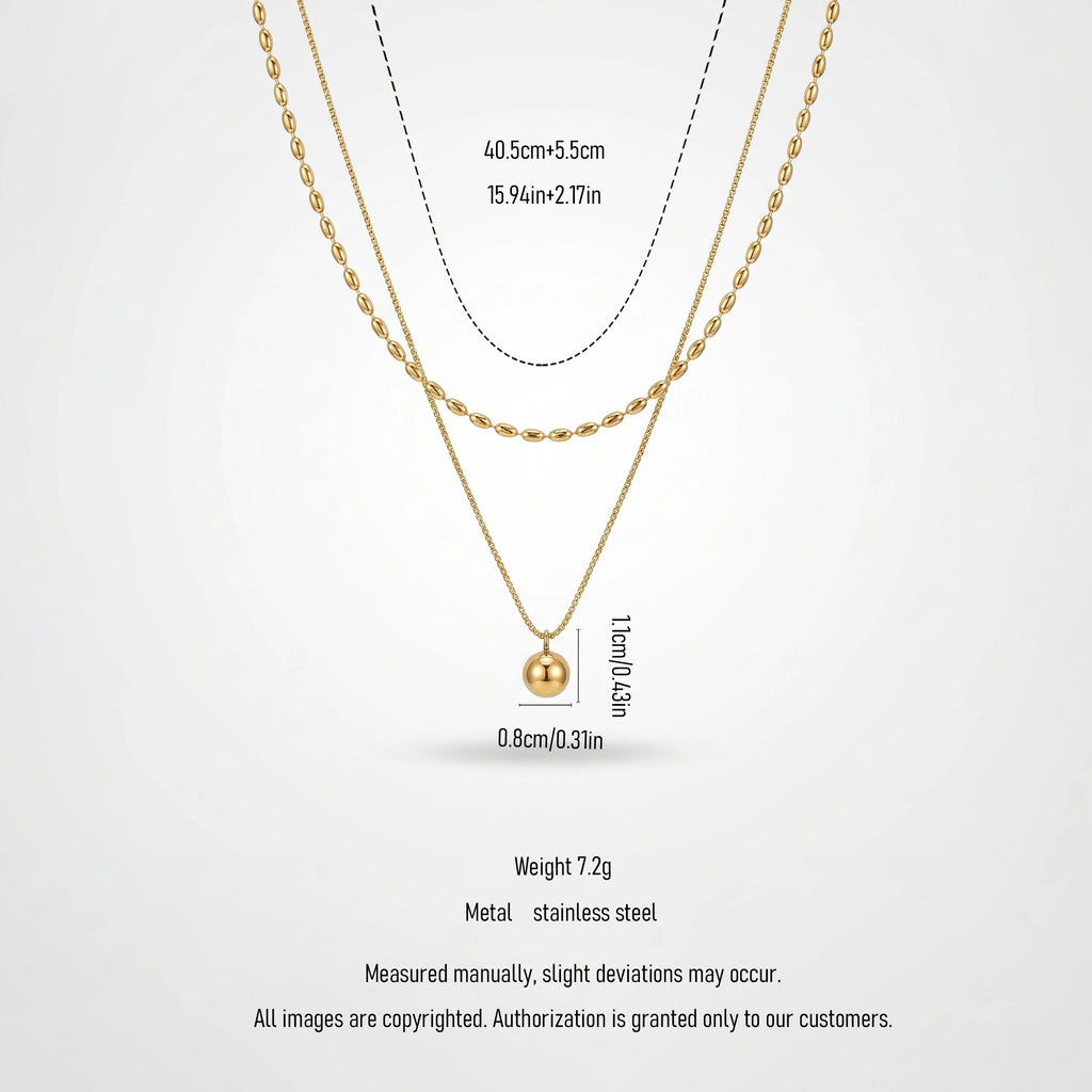QIAOREN 13530 Double Layer Two-tone Oval Rice Bead & Thin Snake Chain Necklace, Single Smooth Round Ball Pendant Gold Stack