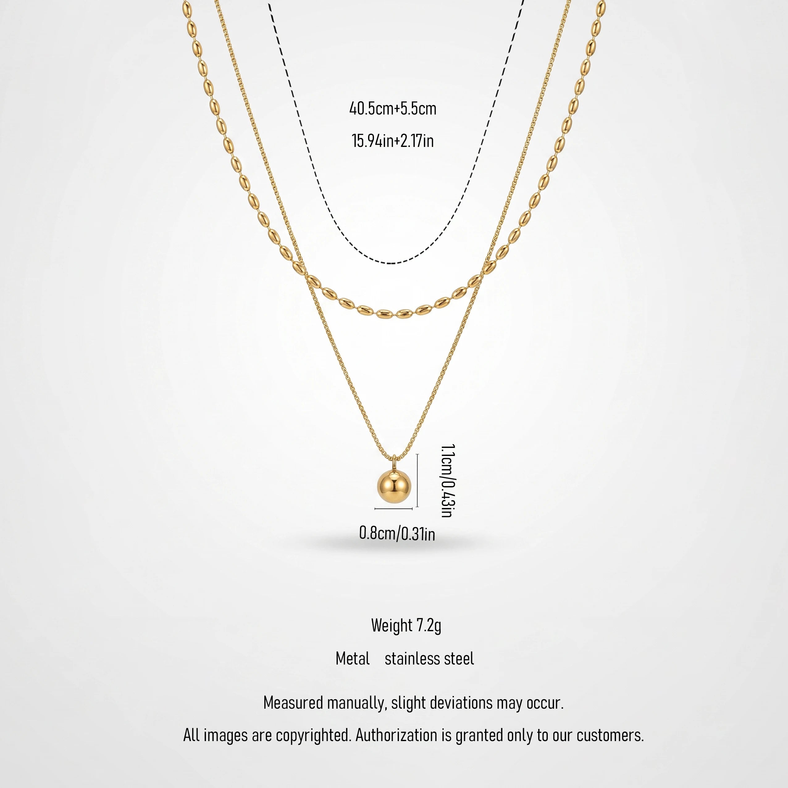 QIAOREN 13530 Double Layer Two-tone Oval Rice Bead & Thin Snake Chain Necklace, Single Smooth Round Ball Pendant Gold Stack