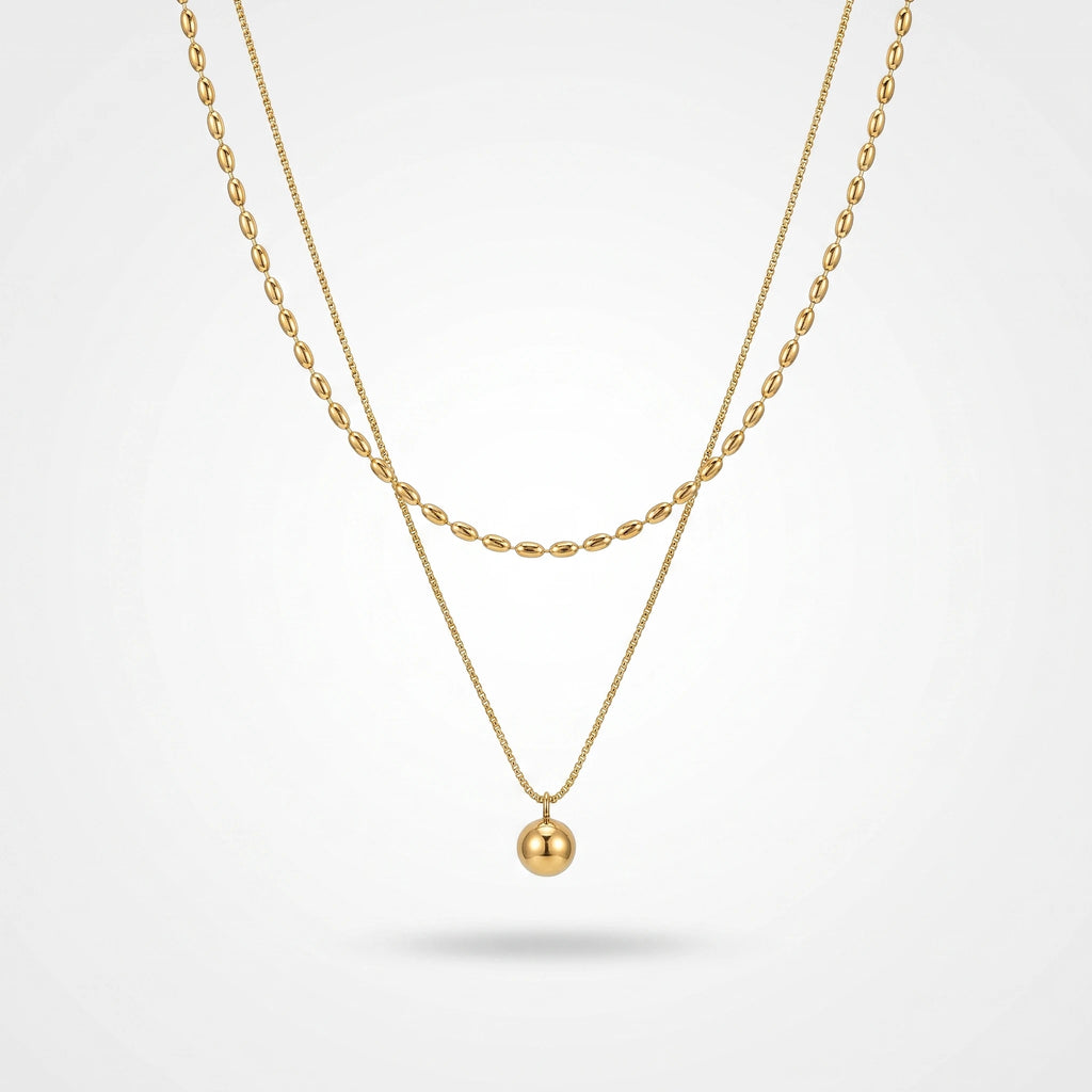 QIAOREN 13530 Double Layer Two-tone Oval Rice Bead & Thin Snake Chain Necklace, Single Smooth Round Ball Pendant Gold Stack