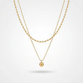 QIAOREN 13530 Double Layer Two-tone Oval Rice Bead & Thin Snake Chain Necklace, Single Smooth Round Ball Pendant Gold Stack