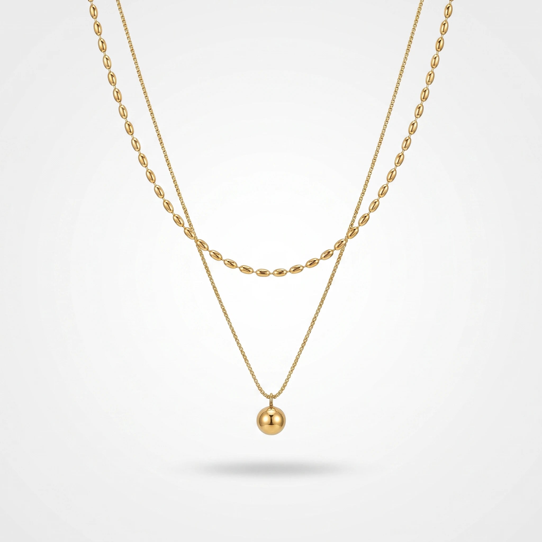 QIAOREN 13530 Double Layer Two-tone Oval Rice Bead & Thin Snake Chain Necklace, Single Smooth Round Ball Pendant Gold Stack