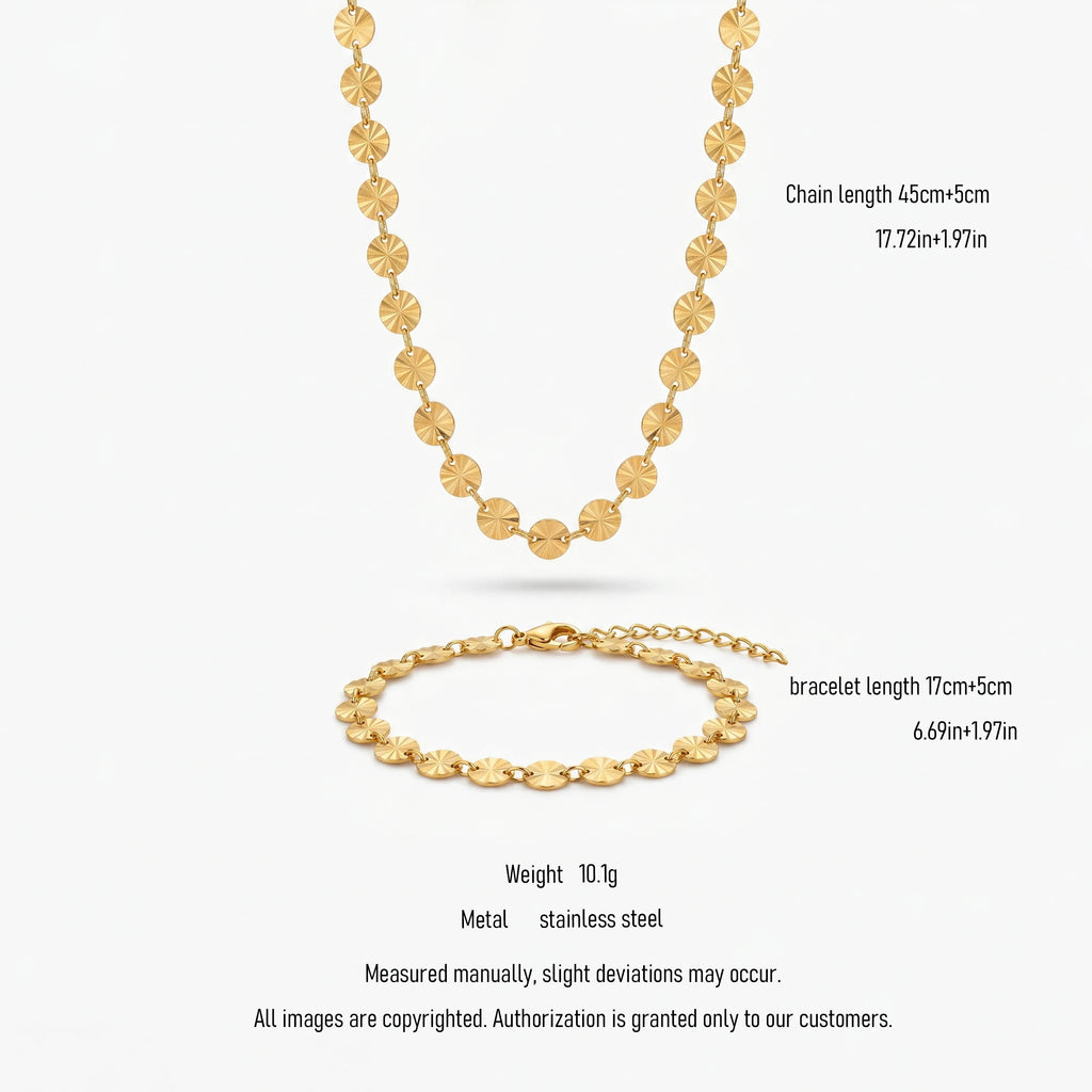 QIAOREN 10790 Trendy 18K Gold Plated Geometric Disc Chain Stainless Steel Adjustable Necklace Bracelet Set Fashion Jewelry