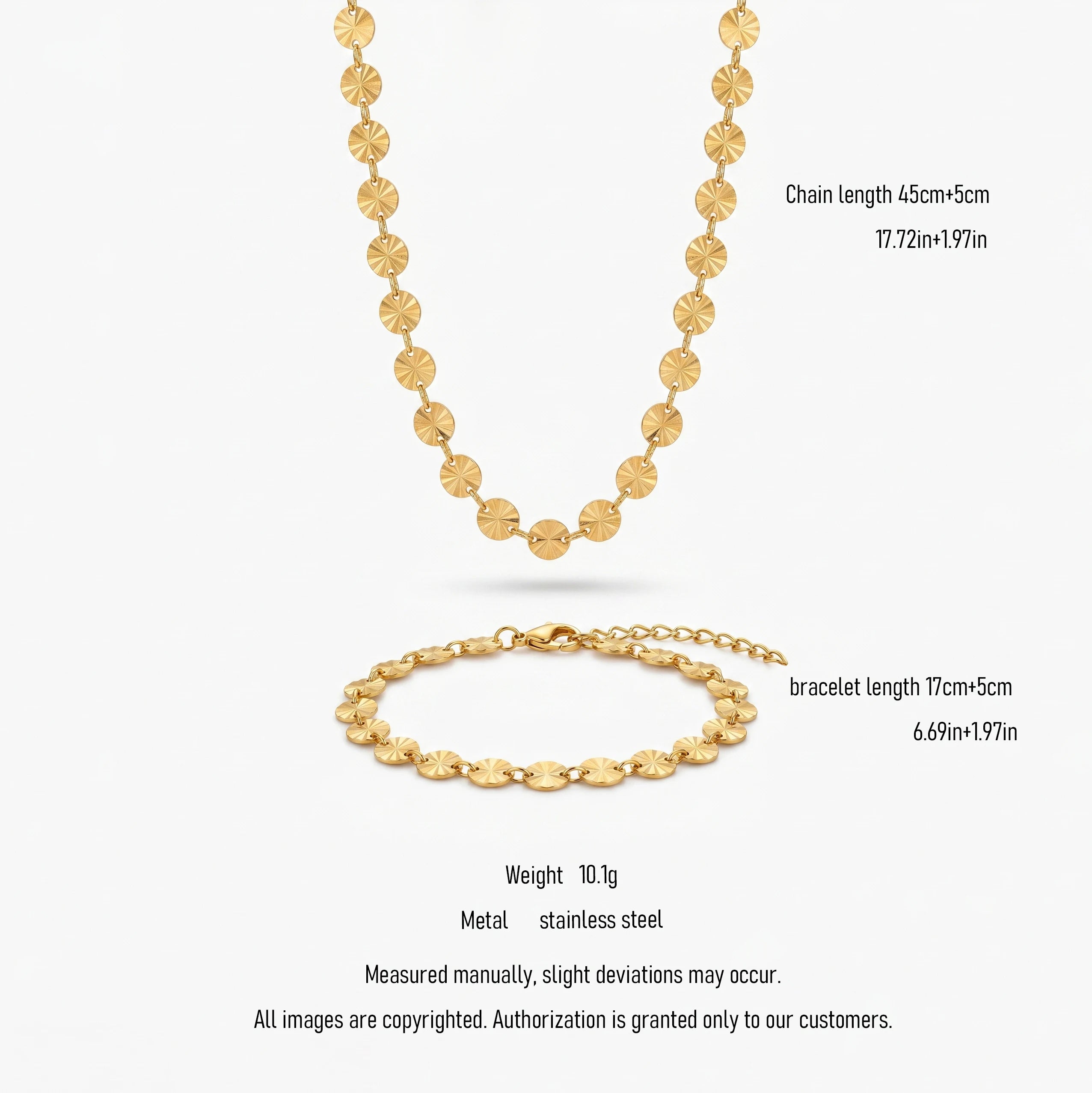 QIAOREN 10790 Trendy 18K Gold Plated Geometric Disc Chain Stainless Steel Adjustable Necklace Bracelet Set Fashion Jewelry