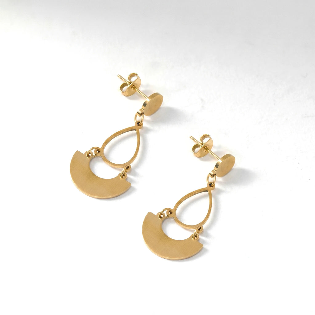 QIAOREN11862 Trendy Boho Geometric Teardrop Semi-Circle Dangle Earrings Stainless Steel Gold Layered Drop Jewelry for Women US