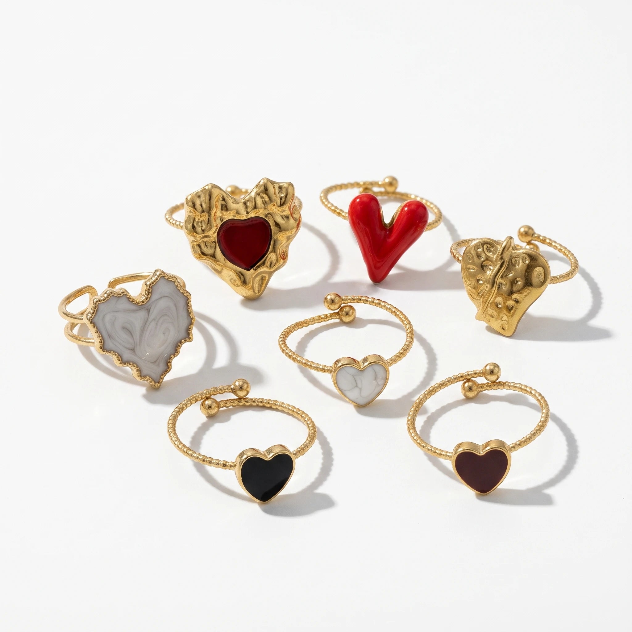 QIAOREN 14158-64 Multi-Color Enamel Heart Ring Set, Irregular Textured Love Shape Adjustable Ring Jewelry Gift for Daily Outfits