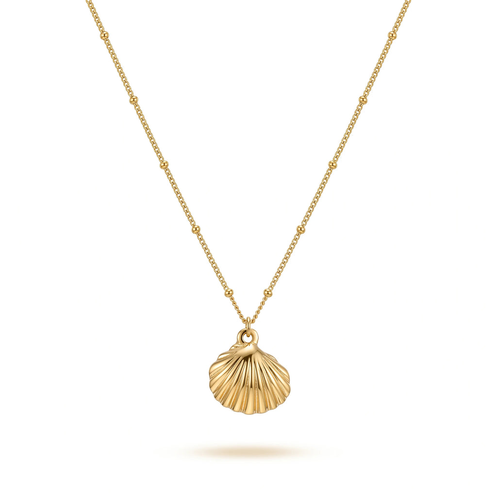QIAOREN 13552 Stainless Steel Shell Necklace Gold Seashell Pendant Beaded Chain Summer Beach Jewelry Women Fashion Accessories