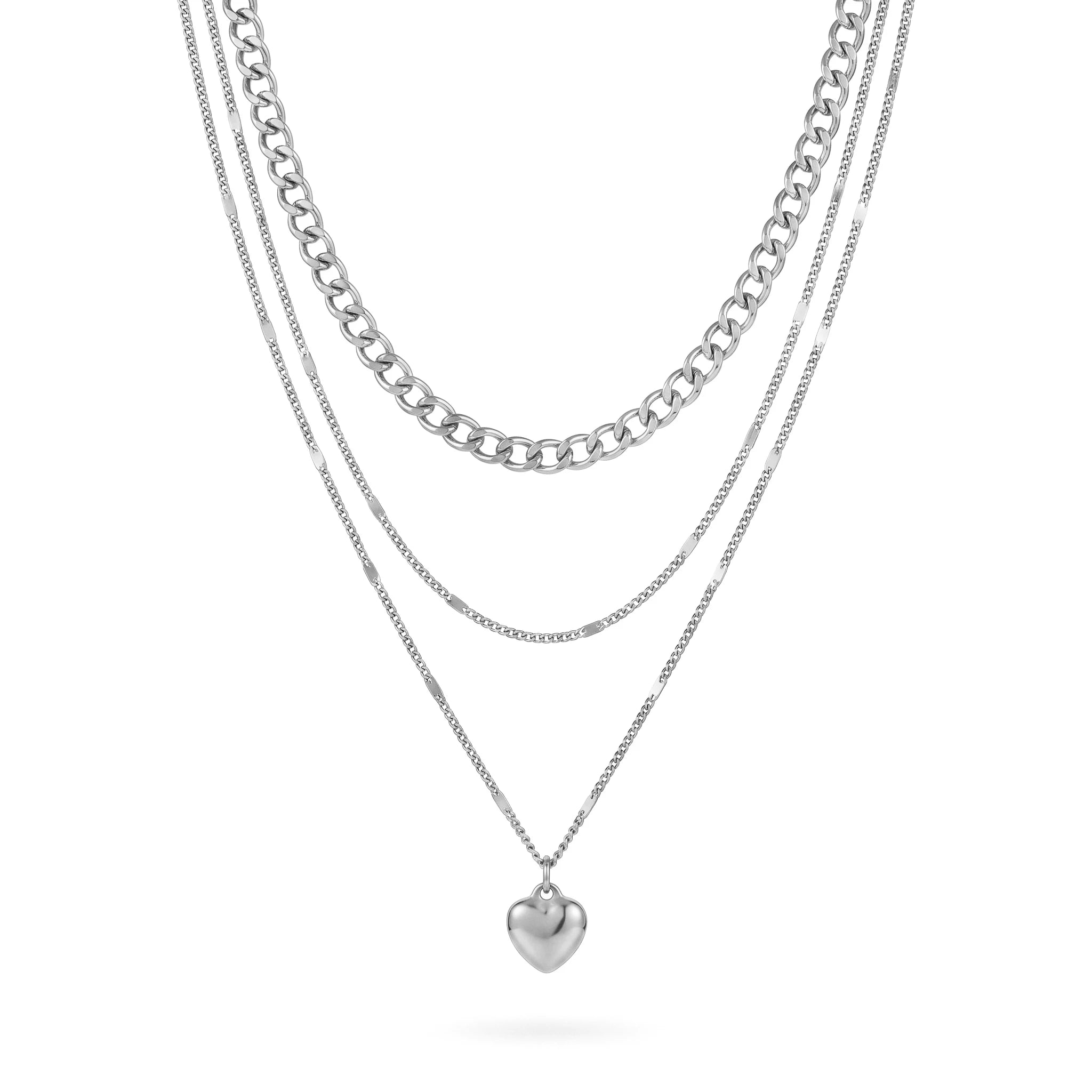 QIAOREN 11988 Europe Hot Hypoallergenic Stainless Steel 3 Tier Stacked Necklace Mixed Link Chain Heart Charm Layered Necklaces