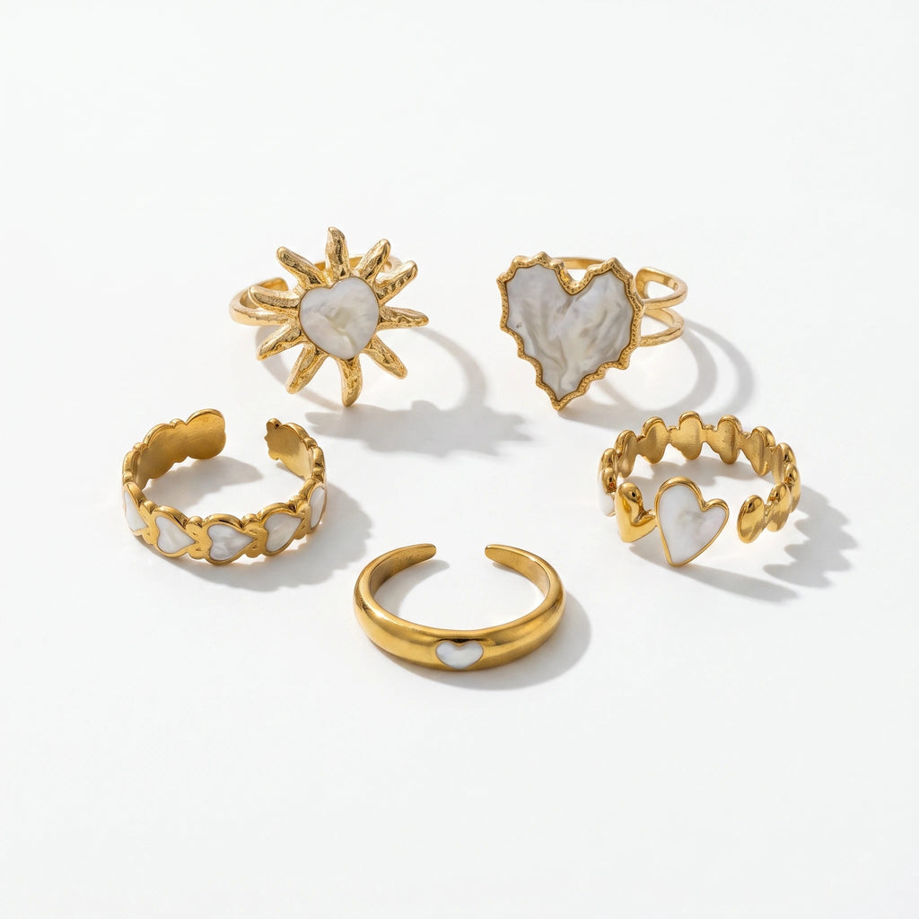 QIAOREN 14165-68 Heart & Sun Pattern Open Ring Set, White Mica Enamel Inlaid Adjustable Stackable Ring Jewelry Gift