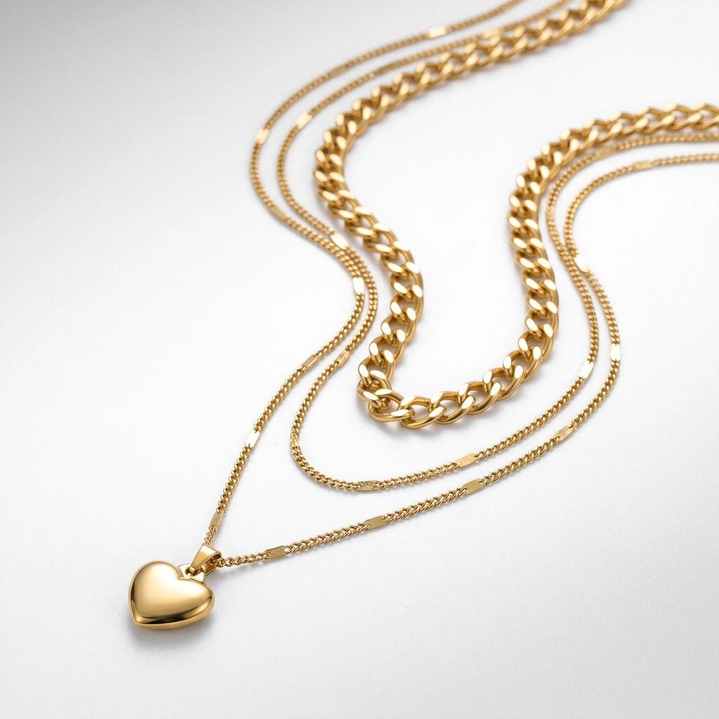 QIAOREN 11988 Europe Hot Hypoallergenic Stainless Steel 3 Tier Stacked Necklace Mixed Link Chain Heart Charm Layered Necklaces