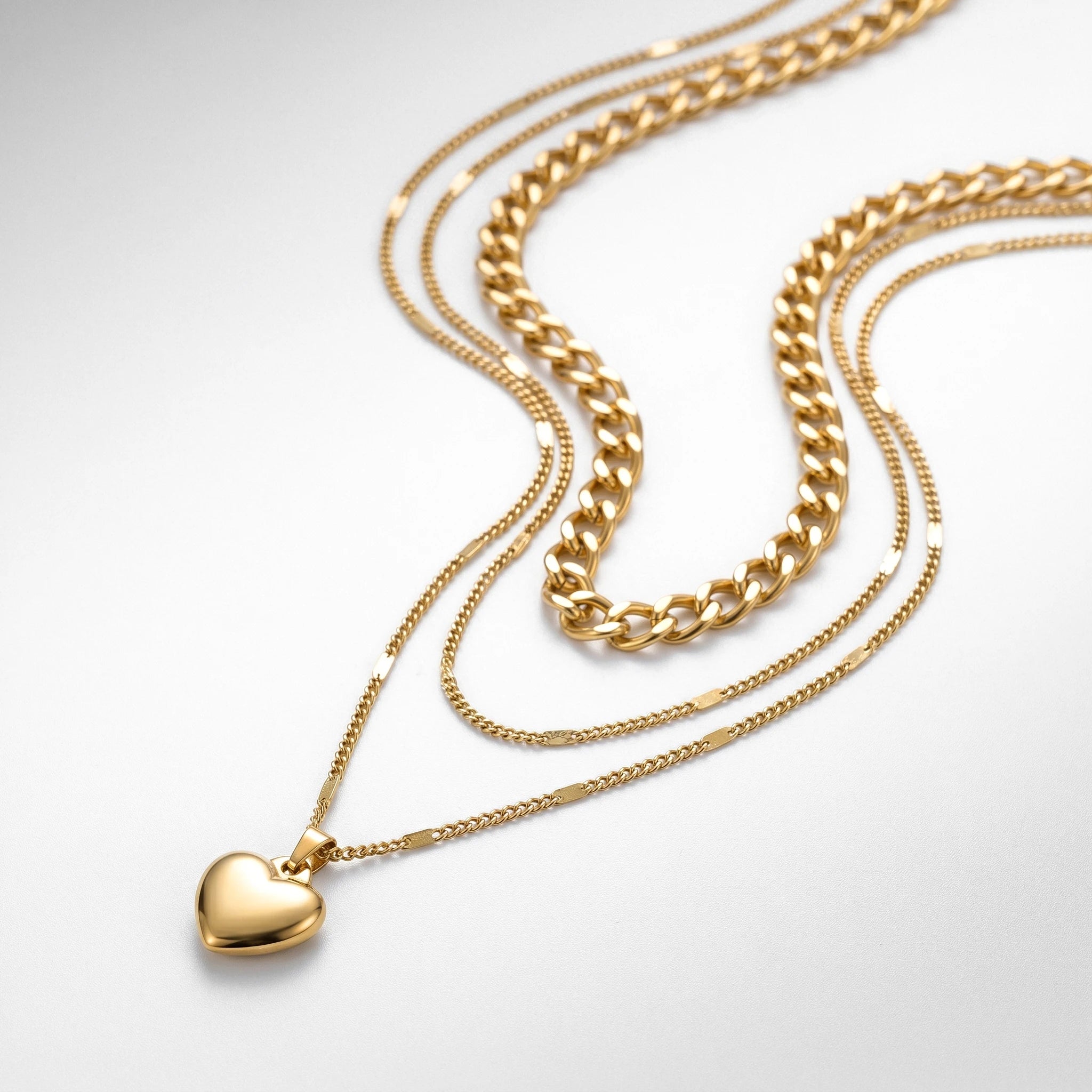 QIAOREN 11988 Europe Hot Hypoallergenic Stainless Steel 3 Tier Stacked Necklace Mixed Link Chain Heart Charm Layered Necklaces