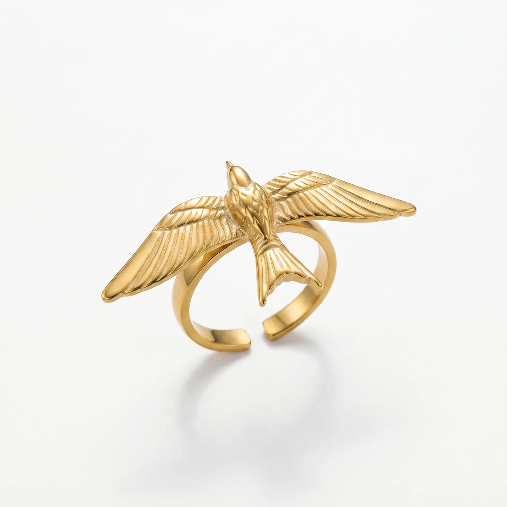 QIAOREN 14304-13 Women's Stainless Steel Vintage Bird -Face Bow Open Cuff Ring Set Adjustable Stackable 18K Gold Plated