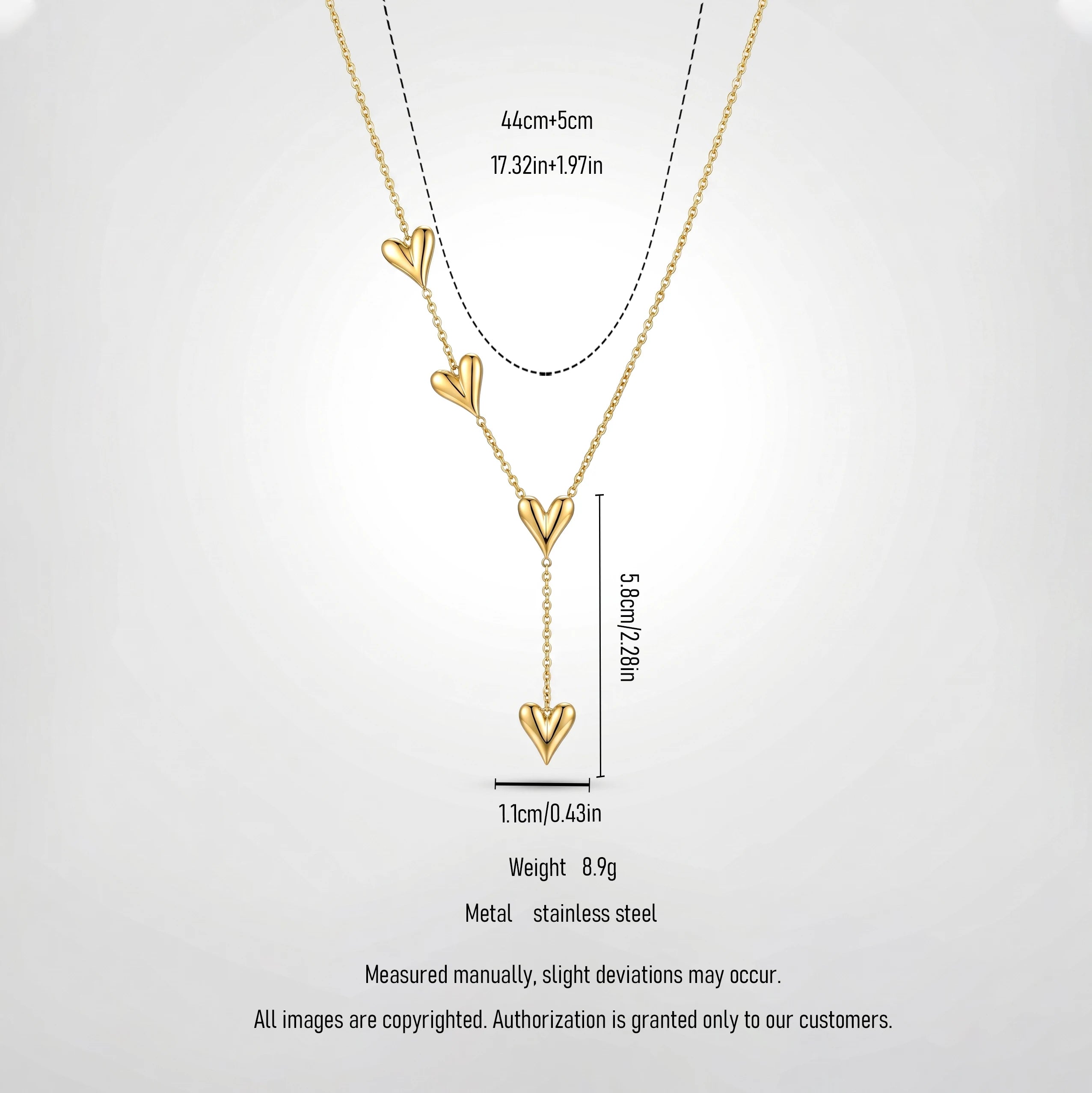 QIAOREN 12880 18K Gold Plated Puffy Heart Y Necklace, Waterproof Tarnish Free Stainless Steel Lariat Heart Jewelry for Women