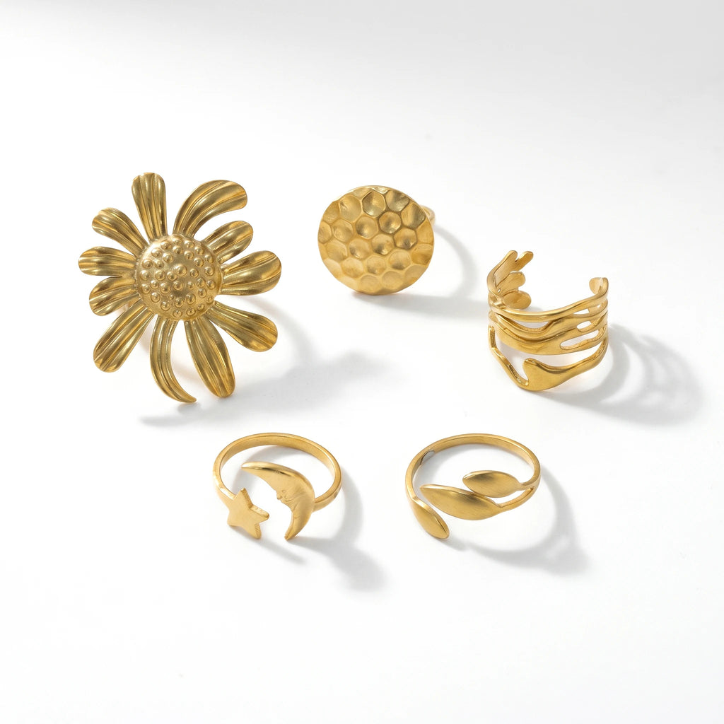QIAOREN 13121-25 5Pcs 18K Gold Plated Stainless Steel Open Ring Set, Adjustable Stackable Durable Finger Rings
