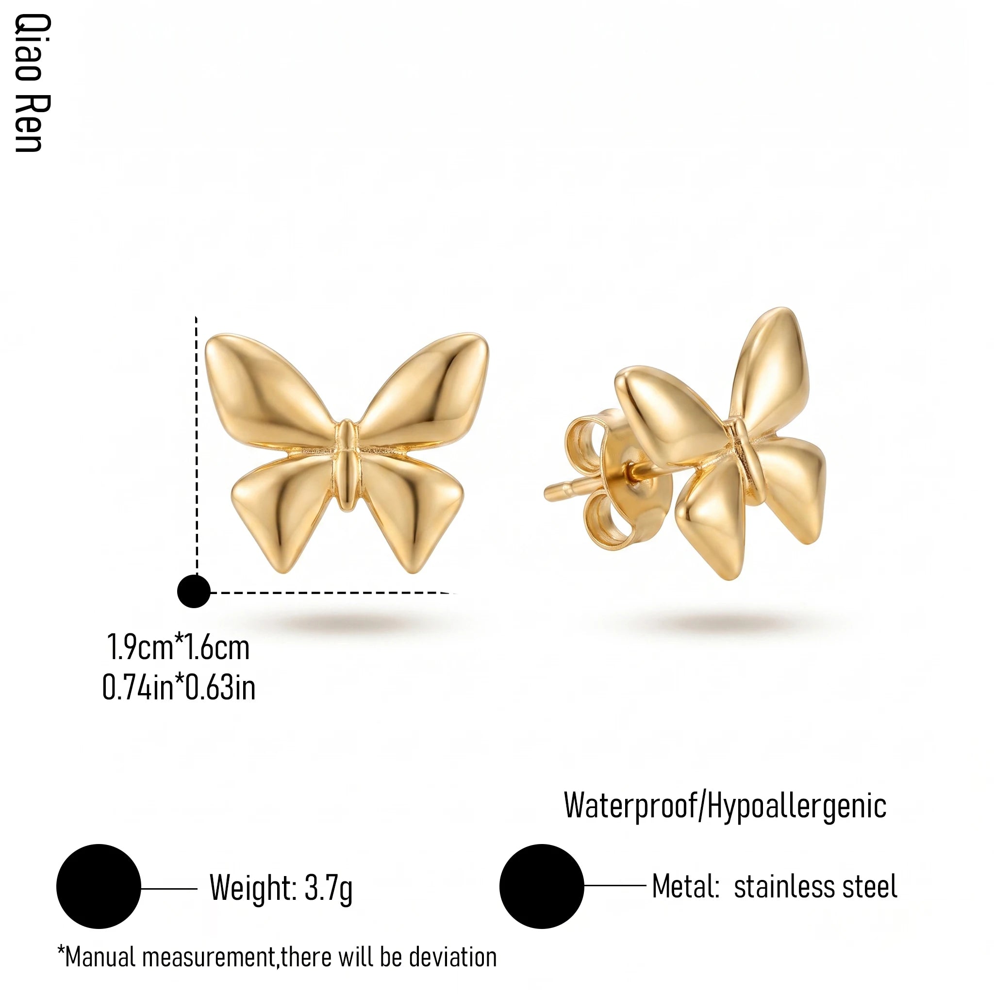 QIAOREN 14555 Stainless Steel Butterfly Stud Earrings Gold Tone Cute Fashion Earrings Waterproof Hypoallergenic Jewelry