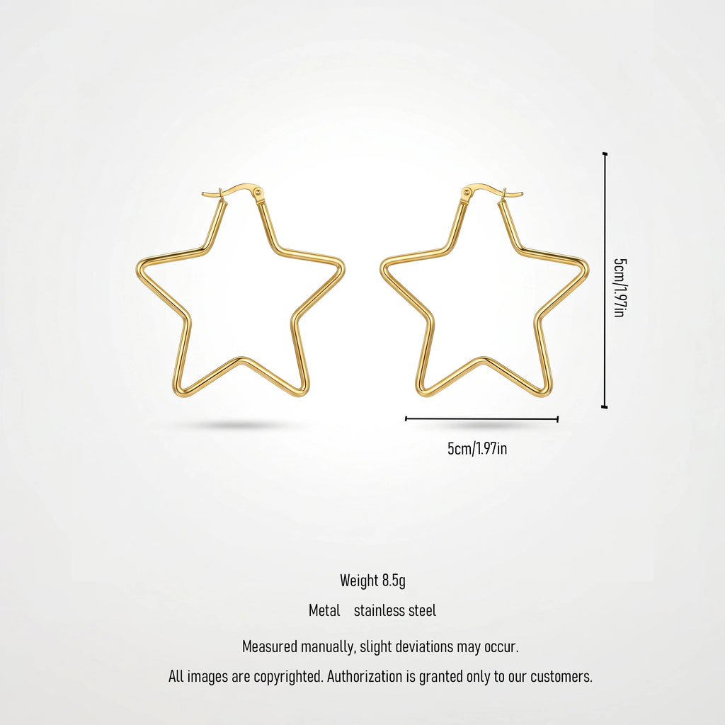 QIAOREN 12327 Trendy Star Hoop Earrings Gold Stainless Steel Sleek 5-Point Star Shaped Large Hoops Y2K Celestial Jewelry Women