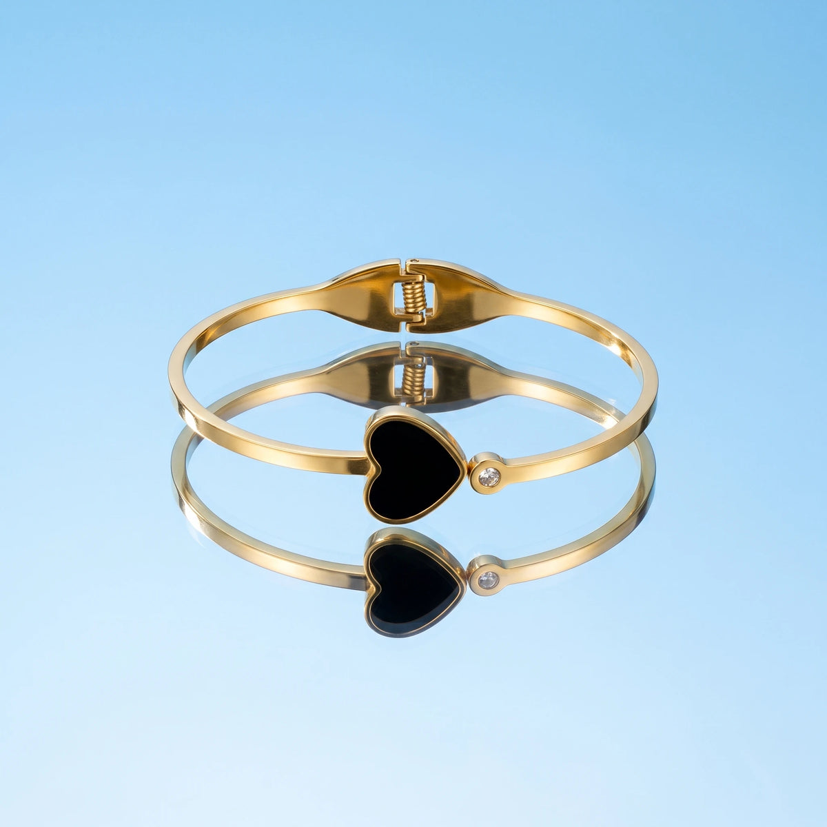QIAOREN 13655 Opening Thin Bangle with Solid Black Enamel Heart & Tiny Side Zircon Charm Bangle