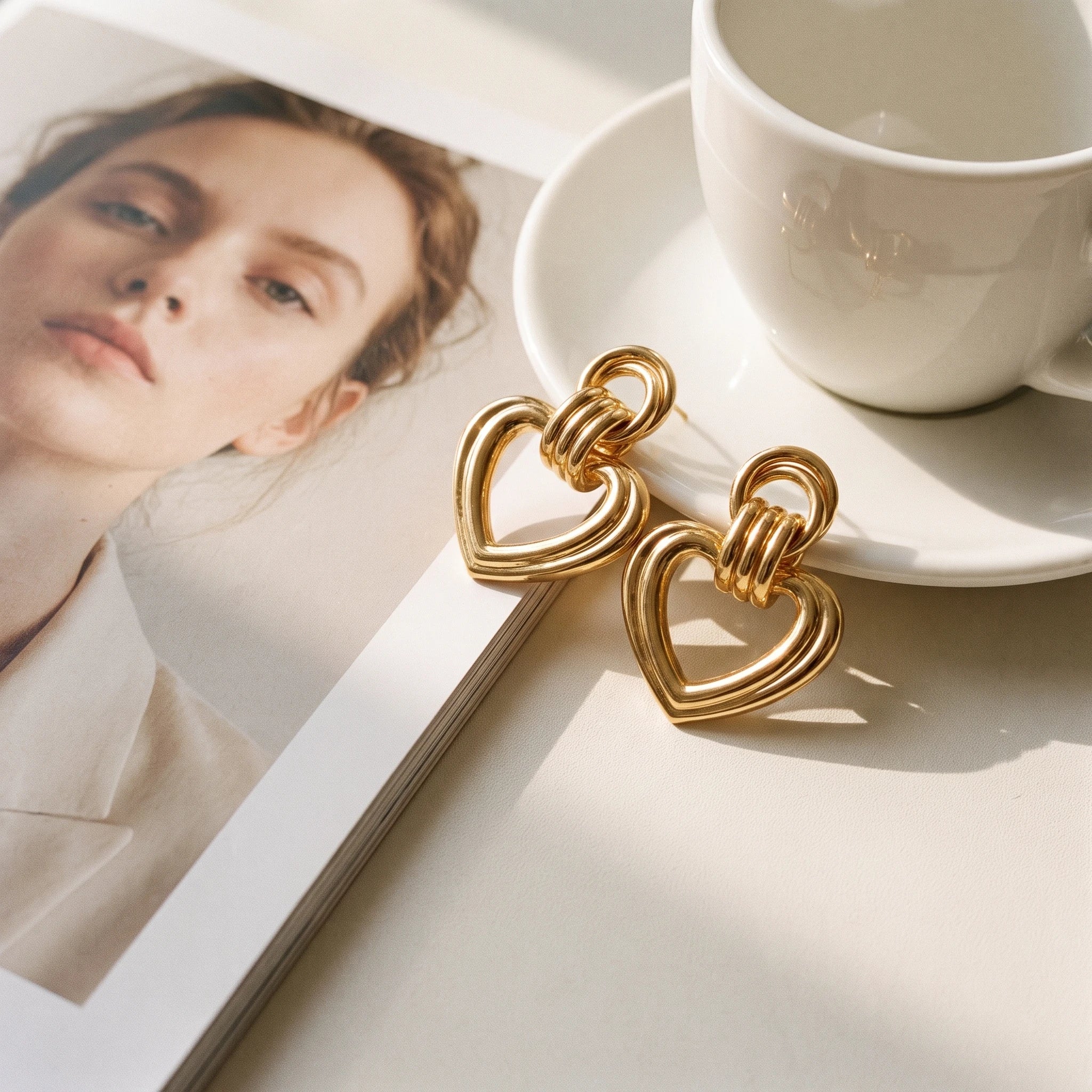 QIAOREN 14540 Open Heart Interlocking Drop Stud Earrings, Grooved Hollow Heart Gold Metal Hypoallergenic Jewelry Gift