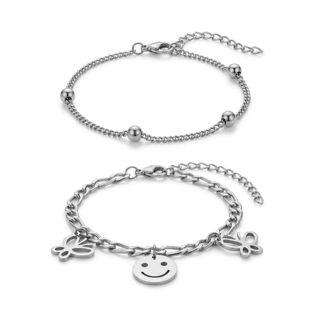 QIAOREN 11936 Trendy 2Pcs Gold Bracelet Set Stainless Steel Smiley Face Butterfly Charm Beaded Chain Bracelet for Women US EU