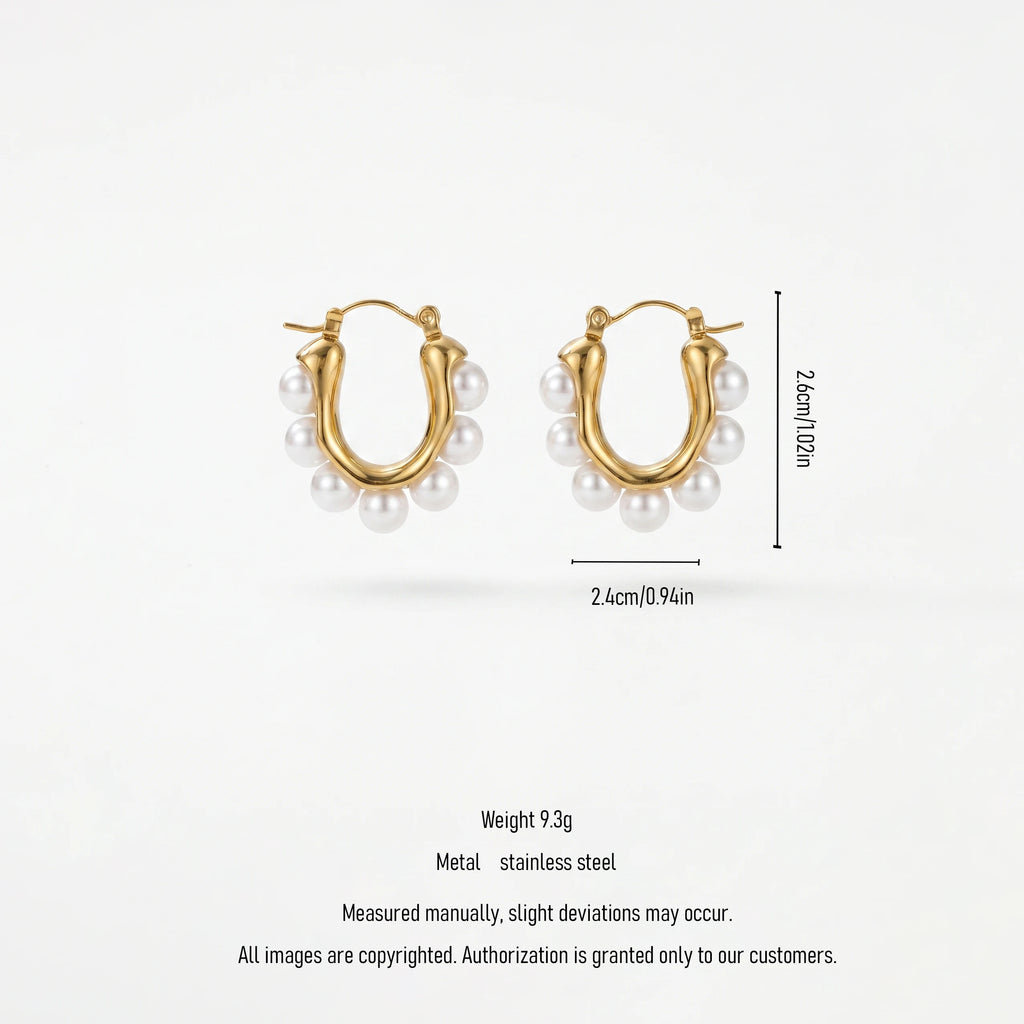 QIAOREN 12316 Elegant French Retro U-Shaped Pearl Earrings Gold Stainless Steel Hinged Horseshoe Huggies Statement Jewelry Women